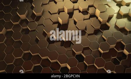 3D-Rendering abstrakter sechseckiger geometrischer goldener Flächen im virtuellen Raum. Zufällig platzierte geometrische Formen. Polyedrische Wand aus Sechsecken Stockfoto