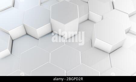 3D-Rendering abstrakter hexagonaler geometrischer weißer Flächen im virtuellen Raum. Zufällig platzierte geometrische Formen. Polyedrische Wand aus Sechsecken Stockfoto