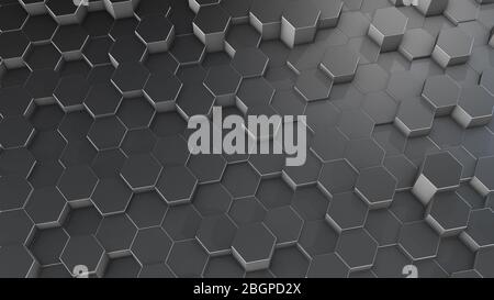 3D-Rendering abstrakter hexagonaler geometrischer Aluminiumoberflächen im virtuellen Raum. Zufällig platzierte geometrische Formen. Polyedrische Wand aus Sechsecken Stockfoto