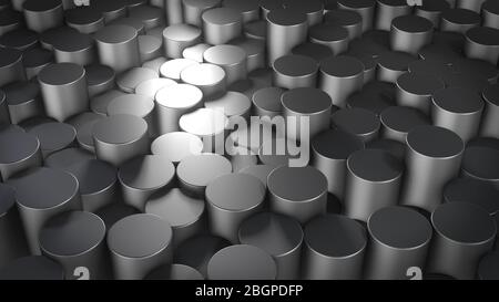3D-Rendering abstrakter zylindrischer geometrischer metallischer Oberflächen im virtuellen Raum. Zufällig platzierte geometrische Formen. Helle und schöne Hintergrund m Stockfoto