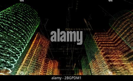 3D-Rendering abstrakter virtueller Stadt in einem Computersystem. Hologramm 3D Big Data Digital City. Digitale Gebäude mit einem binären Code-Teilchen netw Stockfoto