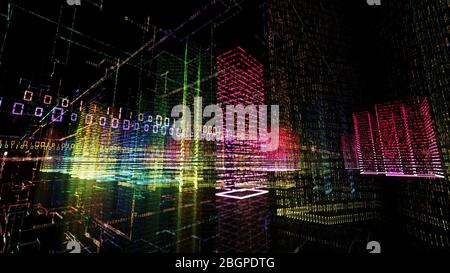 3D-Rendering abstrakter virtueller Stadt in einem Computersystem. Hologramm 3D Big Data Digital City. Digitale Gebäude mit einem binären Code-Teilchen netw Stockfoto