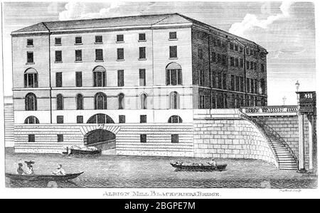 Ein Stich der Albion Mill Blackfriers (Blackfriars) Brücke, gescannt in hoher Auflösung aus einem Buch gedruckt 1827. Ich glaubte, dass das Urheberrecht frei ist. Stockfoto