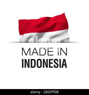 Made in Indonesia - Garantie-Label mit einer wehenden indonesischen Flagge. Stockfoto