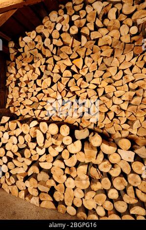 Energiekrise, Holz, Schneiden, Werkzeuge, Brennholz, Holzschuppen, Natur, Heizung, Haus, Brennholz, Holz für den Kamin, Holzwürze, Stockfoto