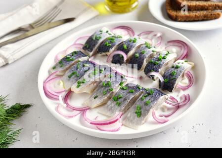 Gesalzener Hering mit Gewürzen und Zwiebeln auf Teller auf weißem Steingrund mit Kopierraum. Russische Küche. Nahaufnahme Stockfoto