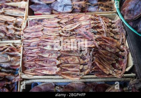Salzig getrocknete Tintenfische, die mit geringer Beleuchtung zum Verkauf stehen. Stockfoto