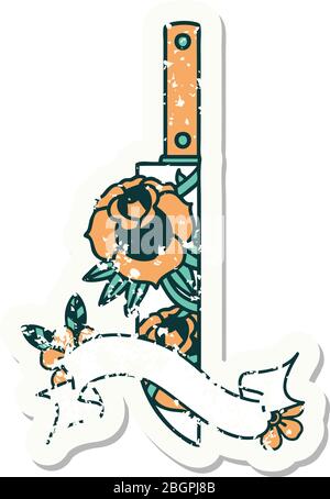 Getragen alten Aufkleber mit Banner eines Dolches und Blumen Stock Vektor