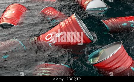 Fässer Öl im Meer schwimmend. Konzept der Krise in der Öl- und Brennstoffwelt. Wirtschaftlicher Zusammenbruch der Kohlenwasserstoffe. Stockfoto