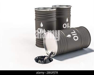Auf dem Boden verschüttete Ölfässer. 3d Render. Konzept der Wirtschaftskrise im Öl- und Brennstoffbereich. Zusammenbruch des Rohstoffpreises. Stockfoto