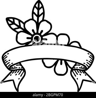 Traditionelle schwarze Linework Tattoo mit Banner von Blumen Stock Vektor