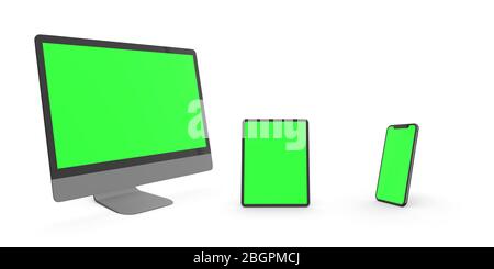 3d Render Green Set mit Monitor, Tablet und Handy Stockfoto