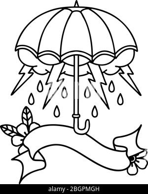 Traditionelle schwarze Linework Tattoo mit Banner eines Regenschirms Stock Vektor