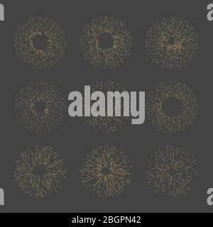 Handgezeichnetes Vintage Sunburst Set. Vektorlinien-Explosionen oder dünne gepunktete Sonnenausbrüche Stock Vektor