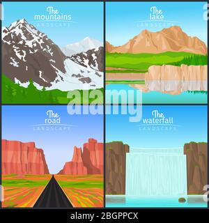 Querformat eingestellt. Berglandschaft und Landschaft mit Wasserfall, Landschaft mit der Straße und der Blick auf den See Vektor-Illustration Stock Vektor