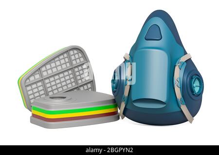 Wiederverwendbare Halbschutzabdeckung mit Patronen, Filterboxen, 3D-Rendering. 3D-Rendering auf weißem Hintergrund isoliert Stockfoto