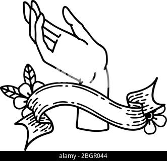Traditionelle schwarze Linework Tattoo mit Banner einer Hand Stock Vektor