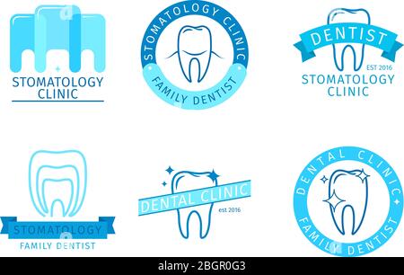 Dental Logo Set. Stomatologie Etiketten mit Zahnzeichen. Vektorgrafik Stock Vektor