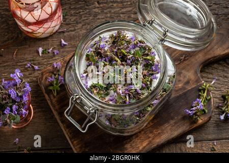 Zubereitung eines hausgemachten Kräutersirup gegen Husten aus frischen gemahlenen Efeu-Pflanze und Zucker Stockfoto