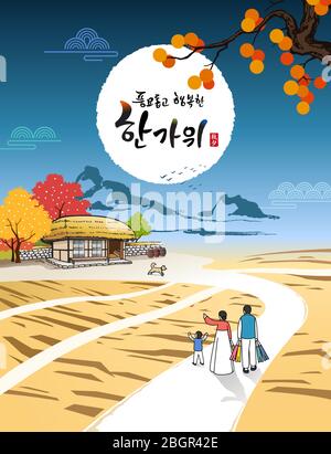 Alles gute zum Thanksgiving in Korea. Land, traditionelles Strohhaus und Familie. Reiche Ernte und Happy Chuseok, Hangawi, Koreanisch Übersetzung. Stock Vektor