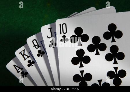 Royal Flush in Clubs höchste Pokerhand mit grünem Kartentisch Hintergrund und stimmungsvollem Licht Stockfoto
