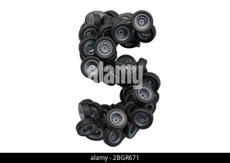 Nummer 5 von Autorädern, 3D-Rendering isoliert auf weißem Hintergrund Stockfoto