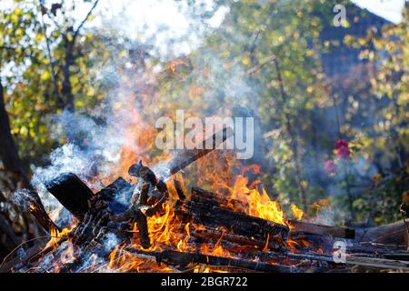 Großes verrauchtes Lagerfeuer im Garten. Stockfoto