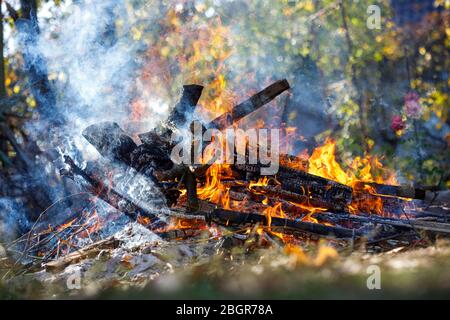 Großes verrauchtes Lagerfeuer im Garten. Stockfoto