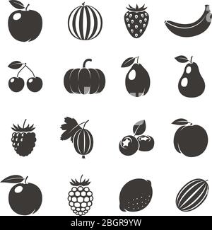 Schwarze Symbole Der Früchte. Verschiedene Früchte Symbole auf weißem Hintergrund. Vektorgrafik Stock Vektor