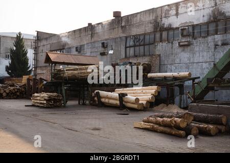 Entfernung der Rinde von den großen Balken auf dem Sägewerk. Die Vorbereitung der hölzernen Balken bis zum Sägen auf der Schnittlinie auf dem Sägewerk. Die Holzindustrie. Ein Haufen von Baumstämmen liegt Stockfoto