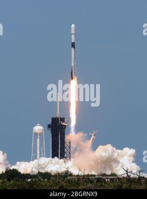 22. April 2020 - Kennedy Space Center, Florida, USA - EINE SpaceX Falcon 9 Rakete mit der siebten Charge von 60 Starlink Satelliten, die globalen Internet-Service erfolgreich startet am 22. April 2020 von Pad 39A im Kennedy Space Center in Florida. (Paul Hennessy/Alamy) Stockfoto