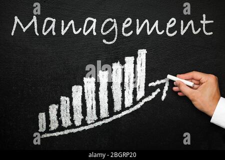Tafel mit handgeschriebenem Verwaltungstext. Pfeil nach oben und Stapeldiagramm. Hand mit Kreide in der Hand. Leitungs- und Führungskonzept. Stockfoto