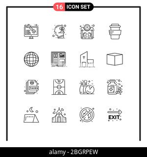 Set von 16 modernen UI-Symbole Symbole Symbole Zeichen für Welt, Globus, Maschine, Getränk, Glas editierbar Vektor Design-Elemente Stock Vektor