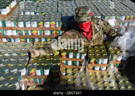 Soldaten der Ohio National Guard organisieren Konserven in einer mobilen Speisekammer als Reaktion auf COVID-19, Coronavirus Nahrungsmittelknappheit an der Wright State University 21. April 2020 in Fairborn, Ohio. Stockfoto