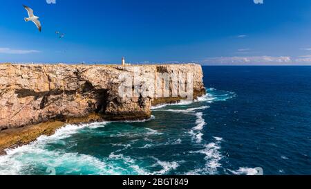 Leuchtturm in Fortaleza de Sagres, Portugal, Europa auf einer Klippe. Dieses schöne antike Architektur wird für die Navigation durch Schiffe und Boote verwendet. Super d Stockfoto