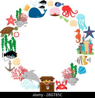 Meeresleben Rundrahmen mit Fischen Korallen und Muscheln. Vektorgrafik Stock Vektor