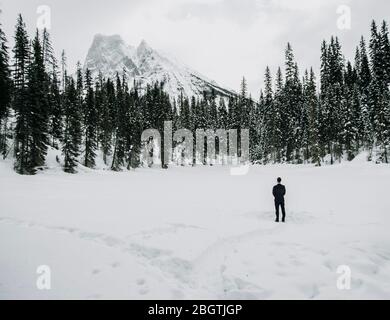 Einsam steht der Mann im Anzug allein auf schneebedecktem See mit Bergen Stockfoto