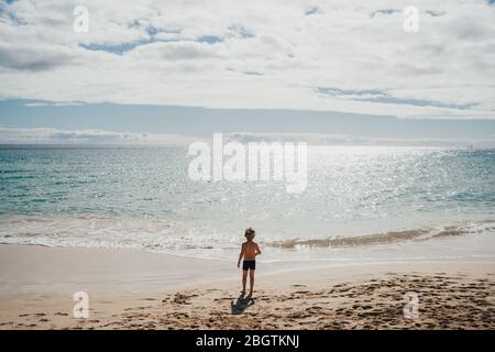 Junge, die an einem sonnigen Urlaubstag ins Wasser am Strand gehen Stockfoto