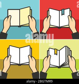 Buch zum Lernen in den Händen auf Farbe Hintergrund Vektor-Illustration Stock Vektor