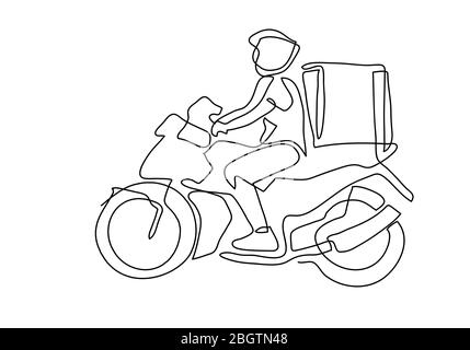 Eine kontinuierliche Linie der Lieferung Mann Fahrt Motorrad Illustration. Stockfoto