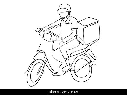 Eine kontinuierliche Linie der Lieferung Mann Fahrt Motorrad Illustration. Stockfoto