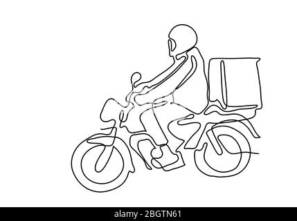 Eine kontinuierliche Linie der Lieferung Mann Fahrt Motorrad Illustration. Stockfoto