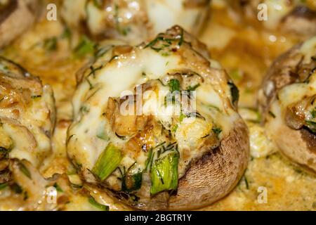 Im Ofen gebackene Pilze mit Käse, grünen Zwiebeln und Dill. Nahaufnahme Stockfoto