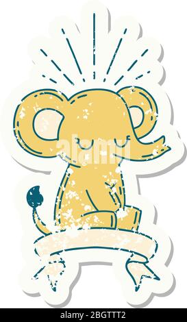 Getragen alten Aufkleber eines Tattoo-Stil niedlichen Elefanten Stock Vektor
