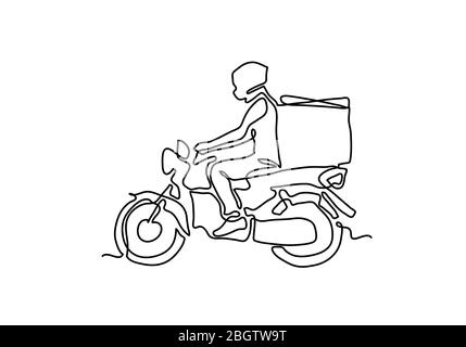 Eine kontinuierliche Linie der Lieferung Mann Fahrt Motorrad Illustration. Stockfoto