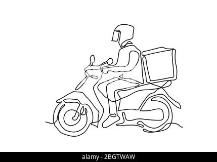 Eine kontinuierliche Linie der Lieferung Mann Fahrt Motorrad Illustration. Stockfoto