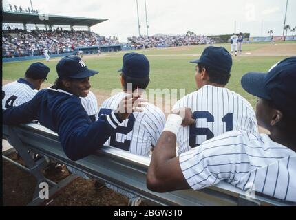 Yankees Dion Sanders (blaue Jacke) mit Teamkollegen und Trainern am 11. März 1989 in der Frühjahrstrainingsanlage in St. Petersburg, Florida. Foto von Francis Specker Stockfoto