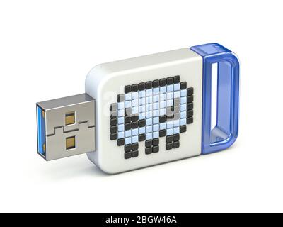 Schädel Zeichen auf USB-Stick 3D-Rendering-Illustration isoliert auf weißem Hintergrund Stockfoto