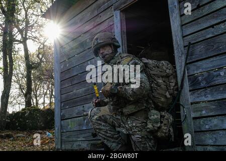 CAYLUS, FRANKREICH - NOVEMBER 14: Französische, britische und amerikanische Fallschirmjäger trainieren gemeinsam im Südfrankreich-Wald für den Falcon Amarante missio Stockfoto