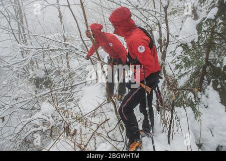 CHAMONIX, FRANKREICH - JANUAR 29: Zwei Personen der Landstreitkräfte wandern in den Bergen bei einer Überquerung mit dem GMHM (High Mountain Military) Stockfoto